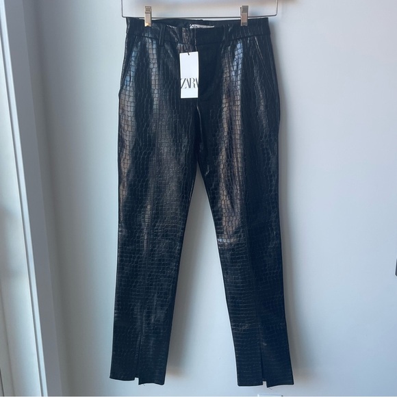 ZARA TROUSERS CROCO ANIMAL EFFECT FAUX LEATHER PANTS BLACK - Picture 2 of 8